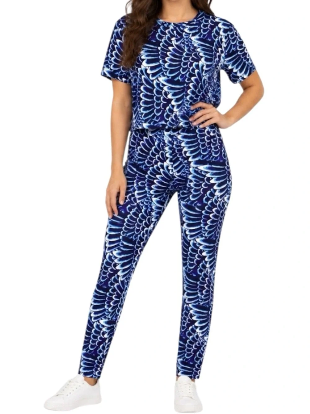 Ed Hardy Crop Top and Leggings Set Blue Feather Wing Print Women’s Size Small